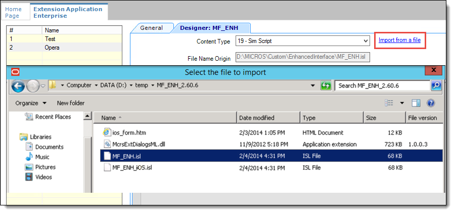 This figure shows the Extension Application importing content file selection.