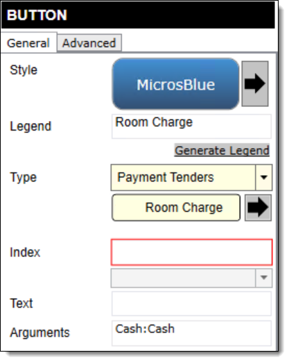 This figure shows a Room Charge payment button as configured in the Page Design module.