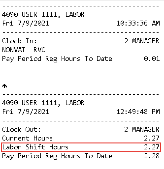 This figure shows a printed time card chit with the Labor Shift Hours indicated with a red rectangle.