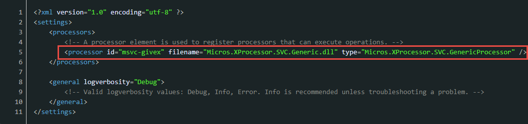 This figure shows the XProcessor Configuration processor id entry for the Givex Generic SVC Processor, indicated with a red rectangle surrounding the code.