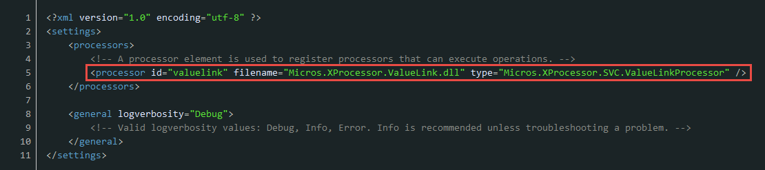 This figure shows the XProcessorConfiguration processor id entry for ValueLink, indicated with a red oval surrounding the code.