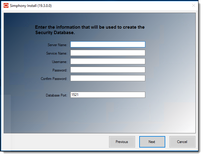 This figure shows the Simphony Install wizard page where you enter the information to connect to the security database.