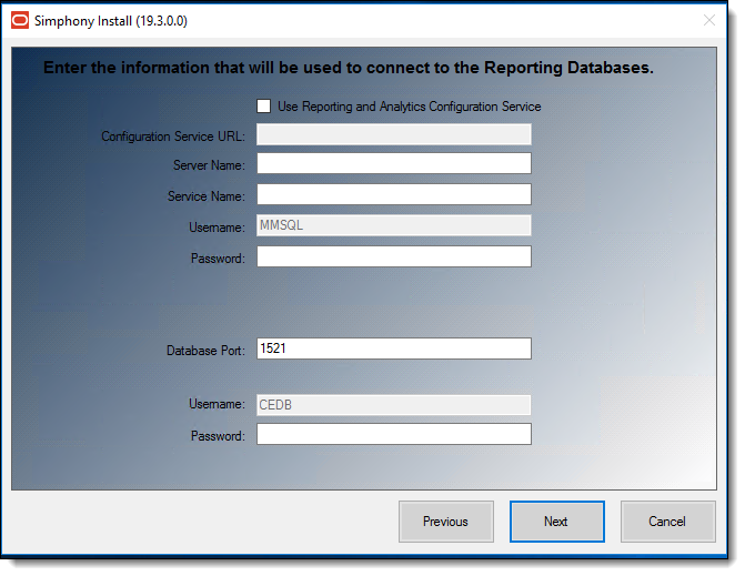 This figure shows the Simphony Install wizard screen where the connection to the reporting database is made.