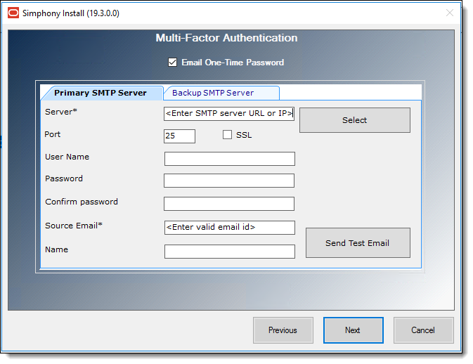 This figure shows the Multi-Factor Authentication enabling screen which includes the setup of the required Primary and Backup SMTP email servers.