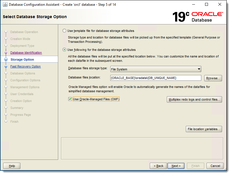 This figure shows the Select Database Storage Option window.
