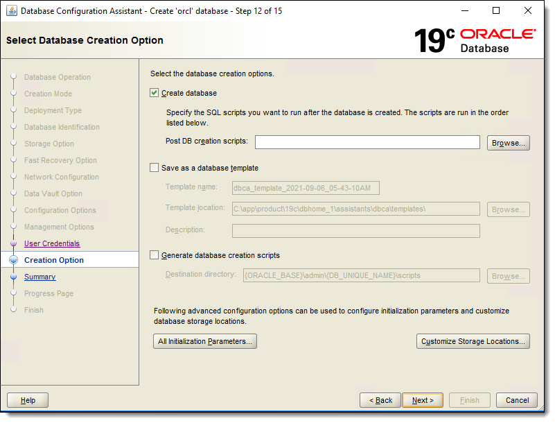 This figure shows the Select Database Creation Option window.