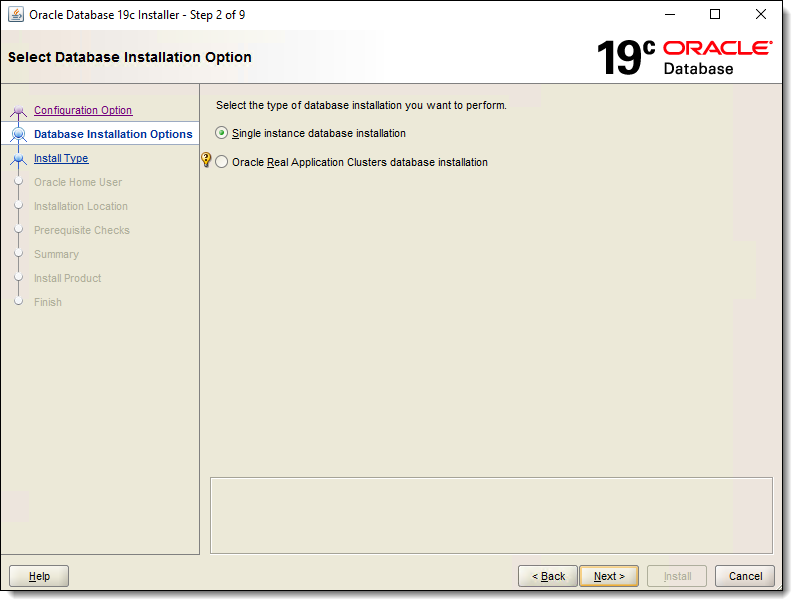 This figure shows the Select Database Installation Option window.