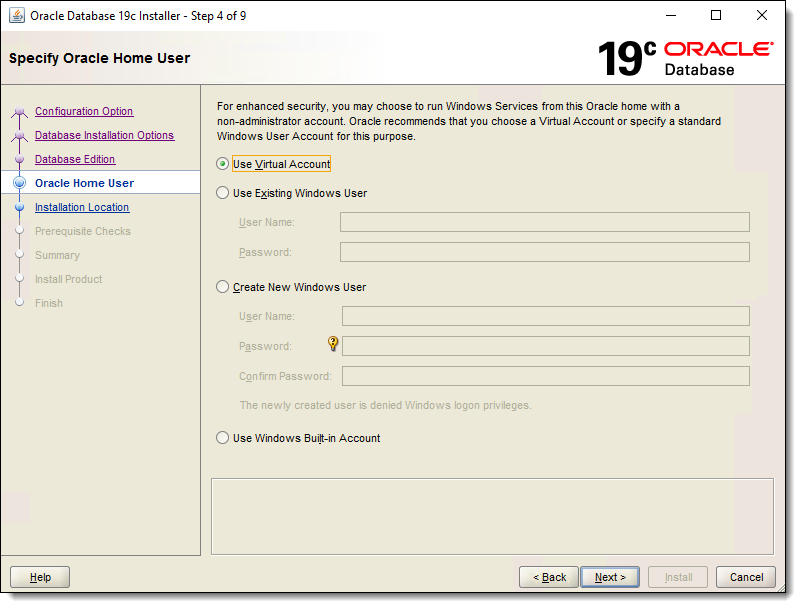 This figure shows the Specify Oracle Home User window.