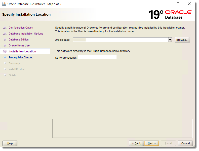 This figure shows the Specify Installation Location window, where the path is entered to store the Oracle Database software and configuration files.