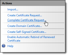 This figure shows the Actions section, specifically the Complete Certificate Request link.
