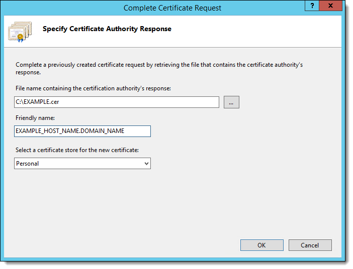 This figure shows the certificate complete Specify Certificate Authority Response window.