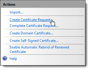 This figure shows the Actions section, specifically the Create Certificate Request link.