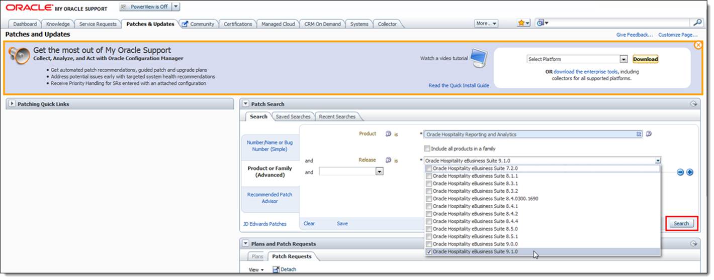 This figure shows the My Oracle Support Patches and Updates window, specifically the Patch Search section.