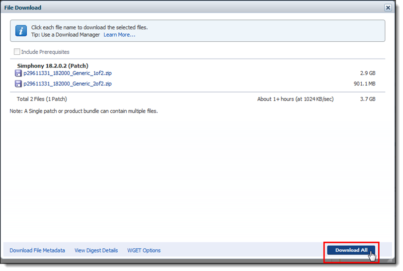 This figure shows the My Oracle Support File Download window, specifically the Download button.