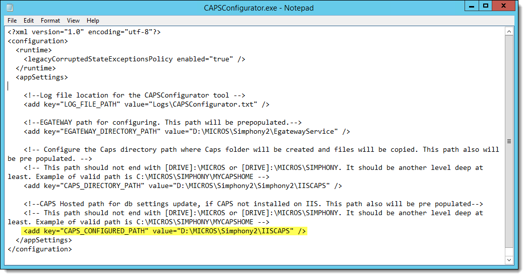 This figure shows the CAPSConfigurator.exe.config file and the lines that require editing.