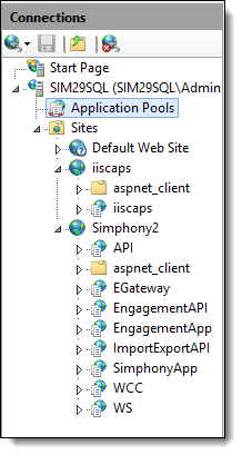 This figure shows the Simphony Application Pools from the IIS Connection column.
