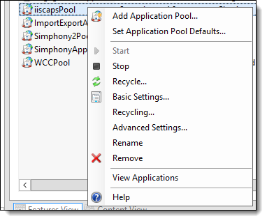 This figure shows the IIS CAPS Application Pool from the IIS Connection column.
