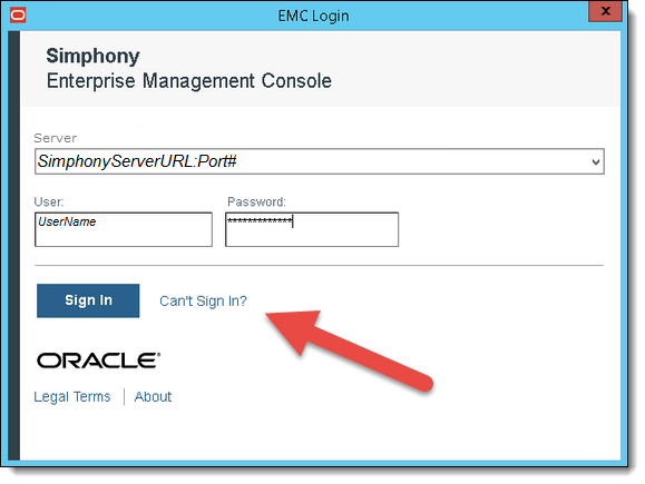 This figure shows the Simphony EMC Login screen and a red arrow indicates the Can’t Sign In link.