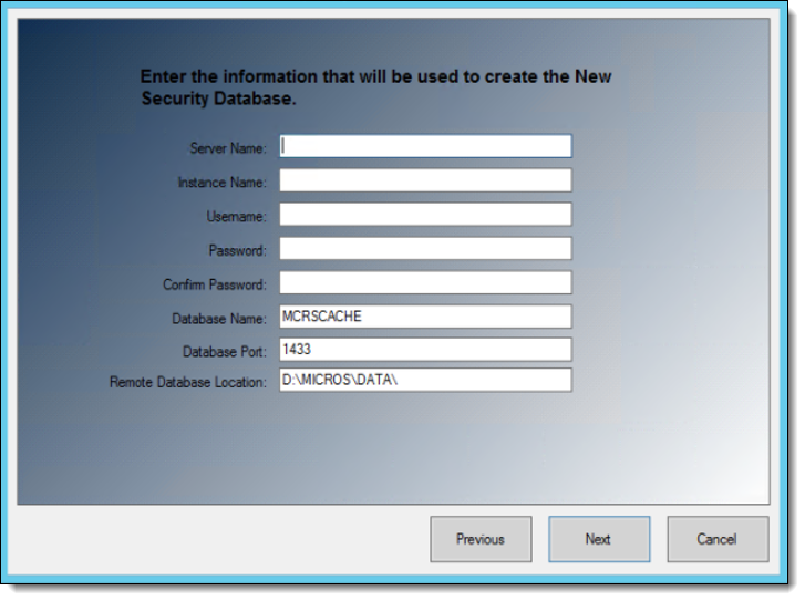 This figure shows the installation/upgrade screen that requires information to create the new separate security database.