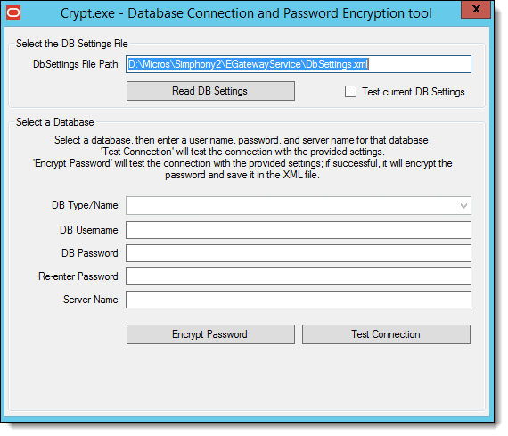 This figure shows the Crypt.exe - Database Connection and Password Encryption tool.
