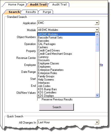 This figure shows the standard Audit Trail Search tab.