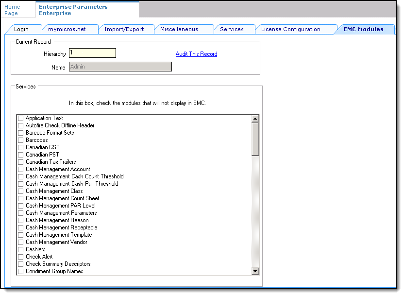 This figure shows the Enterprise Parameters module, specifically the EMC Modules tab.
