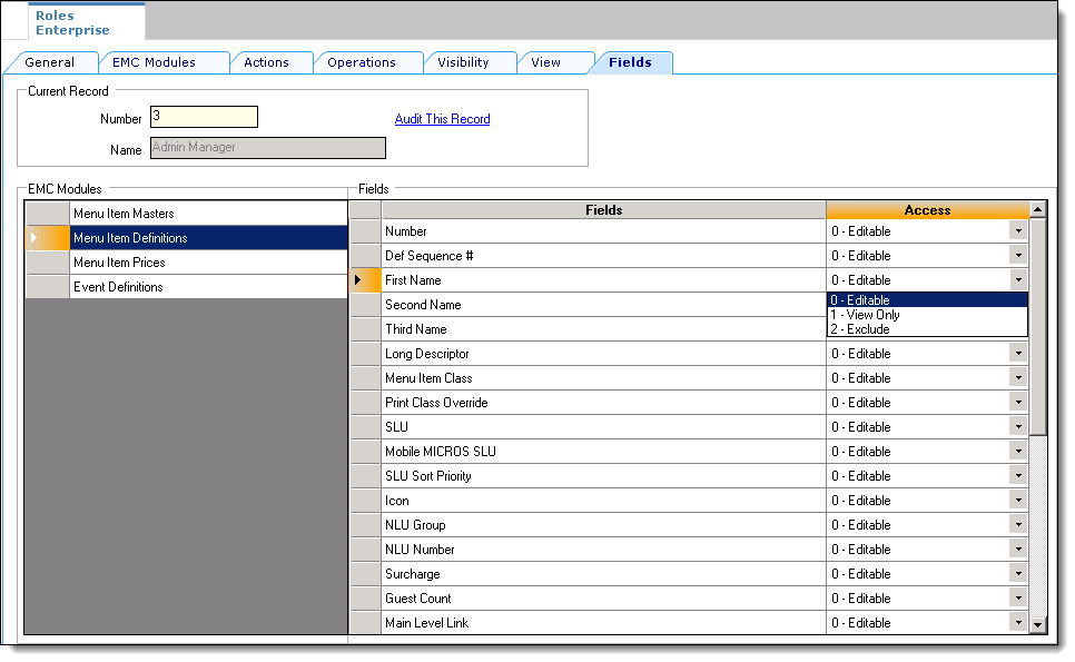 This figure shows the Roles module and its Fields tab.