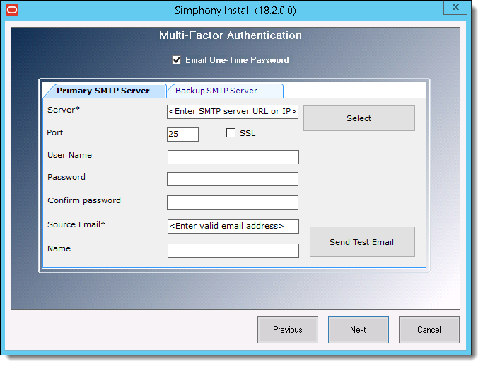This figure shows the Simphony Install MFA Configuration window.