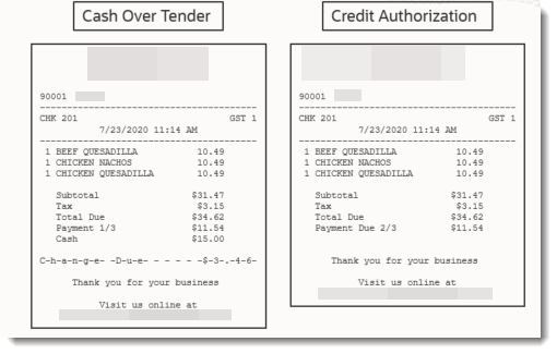 This image displays two example equal payment receipts. The left part of the image describes the Cash Over Tender example receipt, and the right side describes the Credit Authorization example receipt.