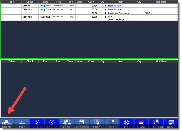 This figure shows the KDS Display. It highlights the Display Check button on the navigational toolbar.