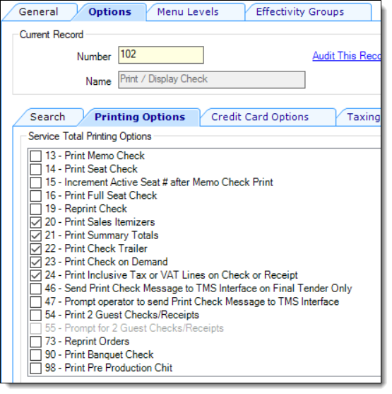 This figure shows the Tender/Media record’s printing options.