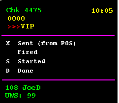 This figure shows an example of status indicators that are used on SEI KDS stations. These indicators are an X to show Sent, an S to show Started, and a D to show Done. The Fired status does not have an indicator.