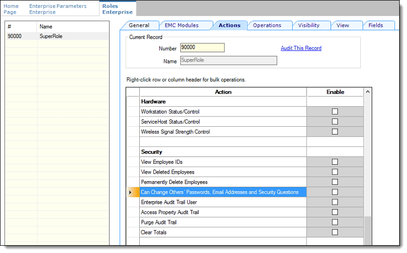 This figure shows the Roles module Actions tab Security settings.