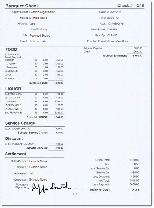 This figure shows an example of a printed Banquet Guest Check as formatted on 8.5 x 11 printer paper.