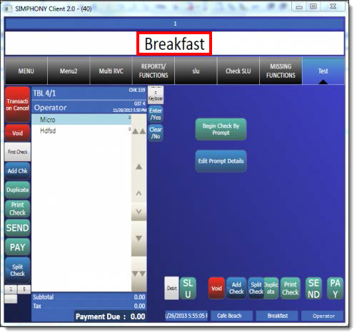 This figure shows the selected Serving Period on the POS workstation.