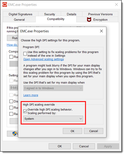 This figure shows the EMC.exe Properties window and the scaling override settings.