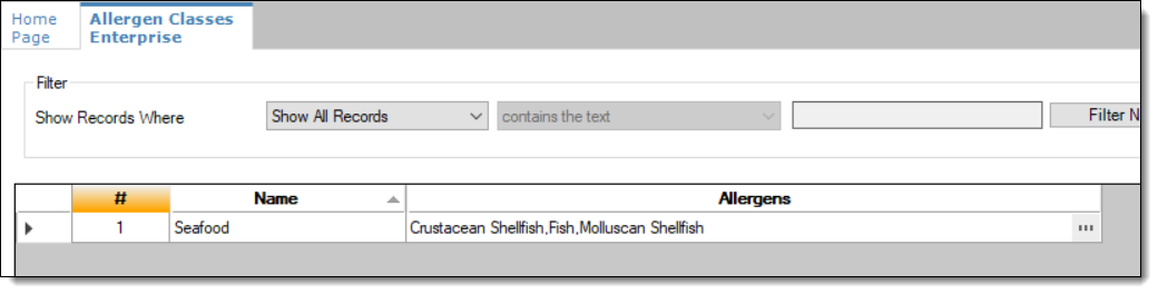 This figure shows the Allergen Classes module in table view.