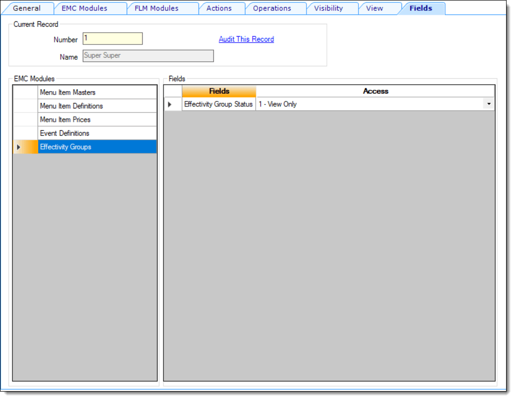 This figure shows the Roles module, Fields tab, specifically the available Effectivity Groups field settings. This figure shows the Roles module, Fields tab, specifically the available Effectivity Groups field settings.