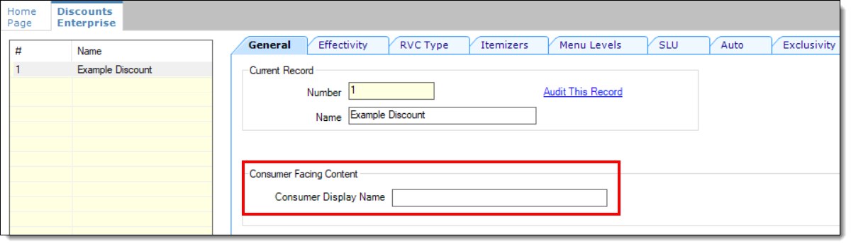 This figure shows the Discount record’s consumer facing content field.