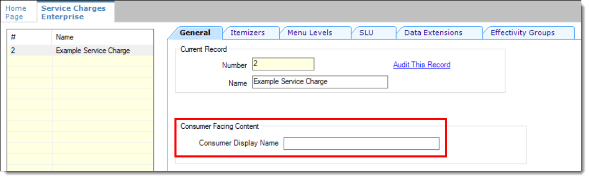 This figure shows the Service Charges record’s consumer facing content field.