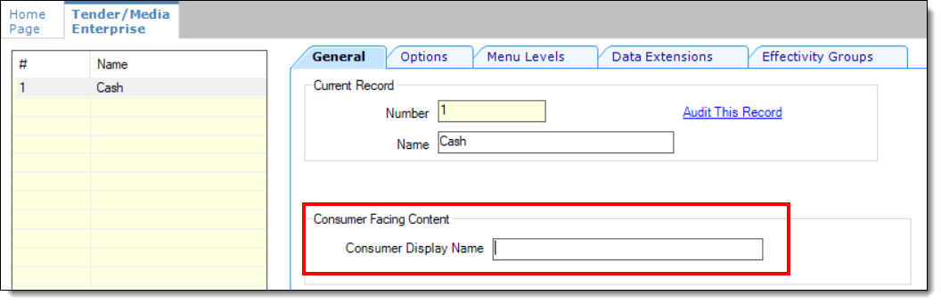 This figure shows the Tender/Media record’s consumer facing content field.