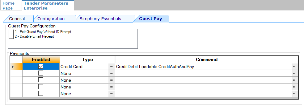 This figure shows the Tender Parameters module, Guest Pay tab and fields.