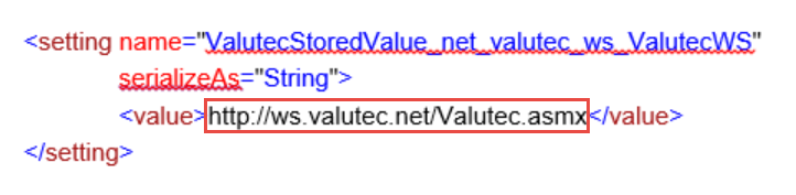 This figure shows the VTStoredValueCommandModule.dll.config file opened in a source editor software, with a red rectangle surrounding the tag that you need to change.