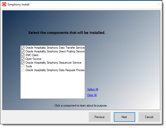 This figure shows the Simphony Install wizard page where you select the components that you want to install.