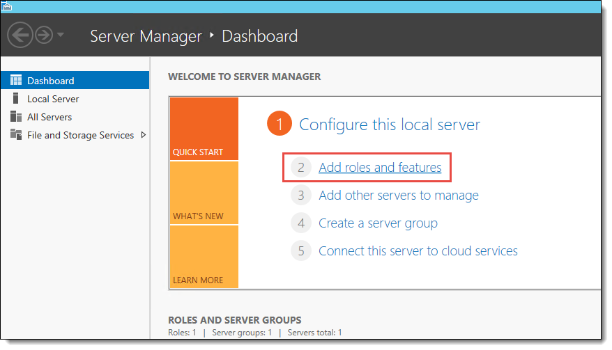 This figure shows the Server Manager Wizard’s Dashboard.