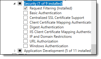 This figure shows the Add Roles and Features Wizard page where you select the Security role services.