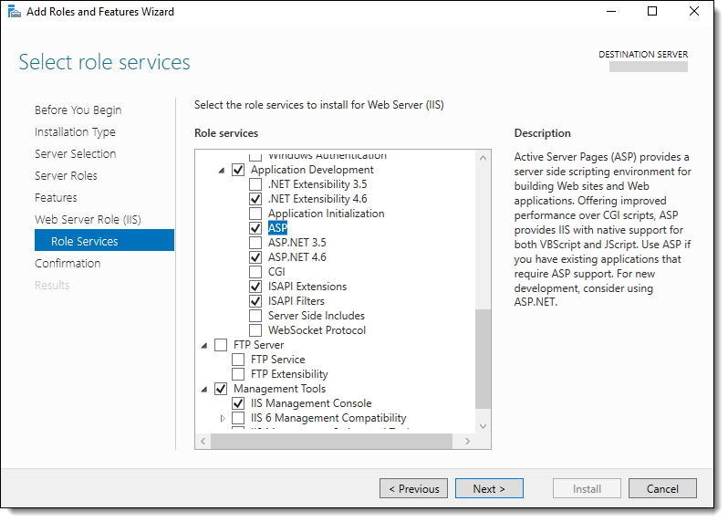 This figure shows the Add Roles and Features Wizard page where you select the Application Development role services.