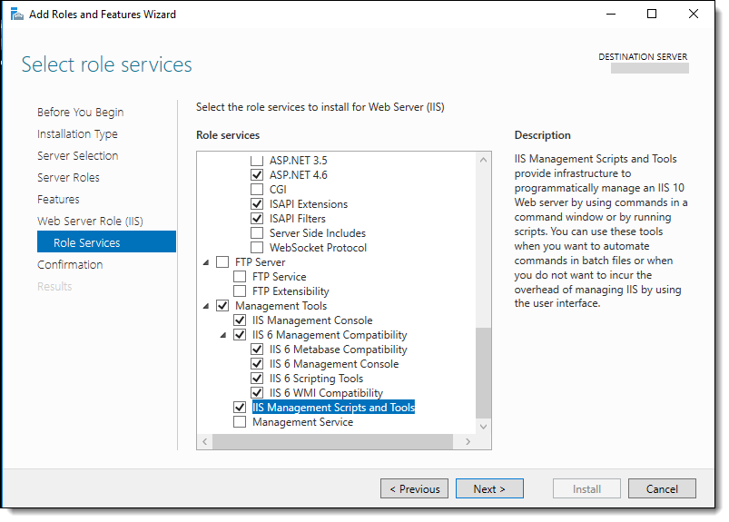 This figure shows the Add Roles and Features Wizard page where you select the Management Tools.