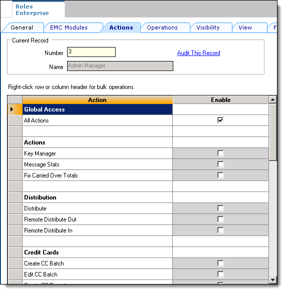 This figure shows the Roles module and its Actions tab.