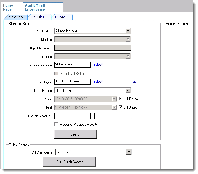 This figure shows the EMC’s Audit Trail module and its Search tab. This figure shows the EMC’s Audit Trail module and its Search tab.